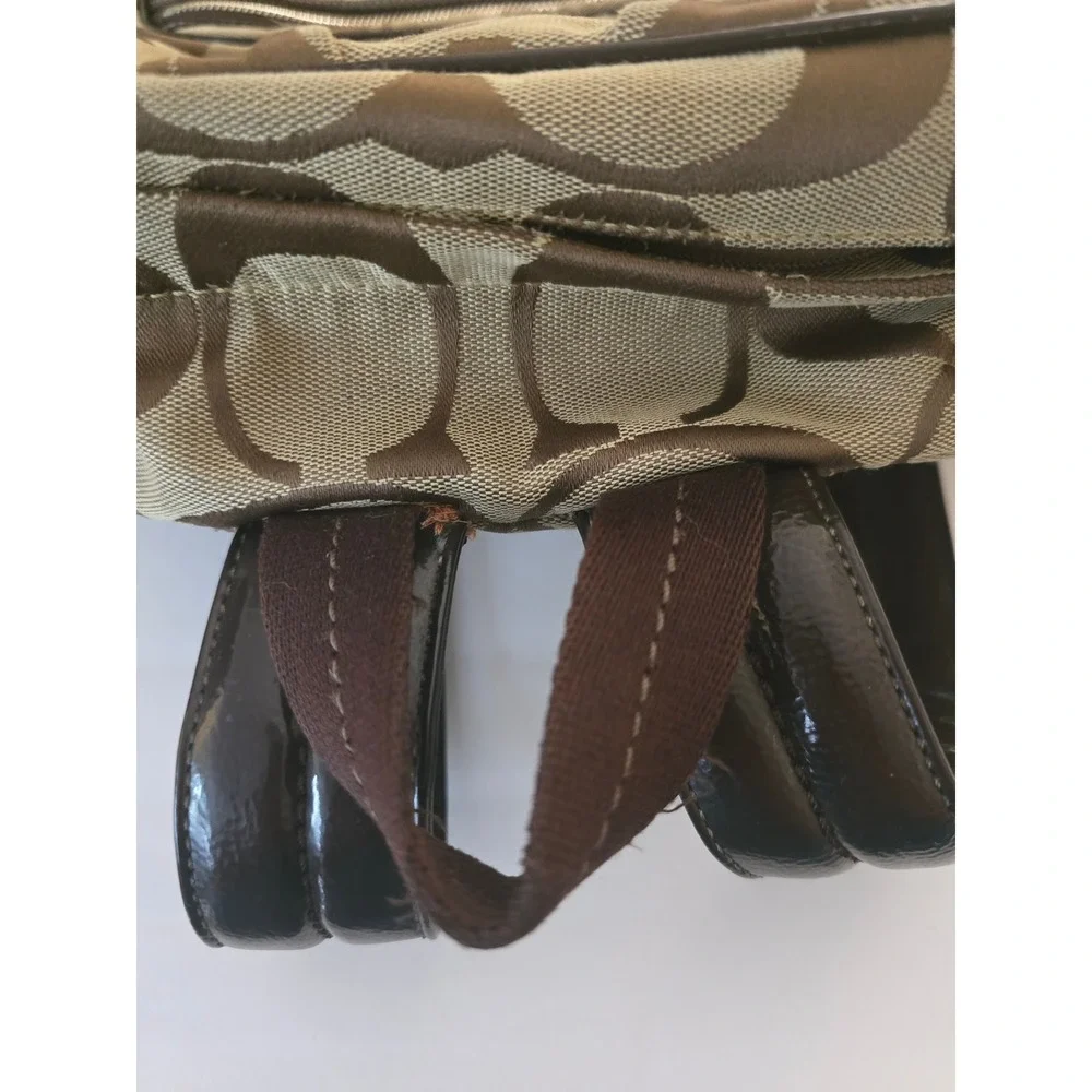 Coach Vintage Y2K Signature Jacquard Canvas Backpack Brown Tan Purple Pom Detail